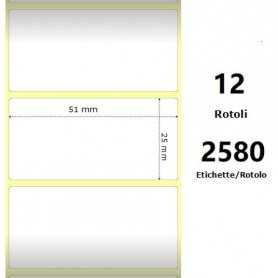 White 51x25mm, 2580 Et/Rotolo Z-2000D, 2x1x1 Core, 12 Rolls