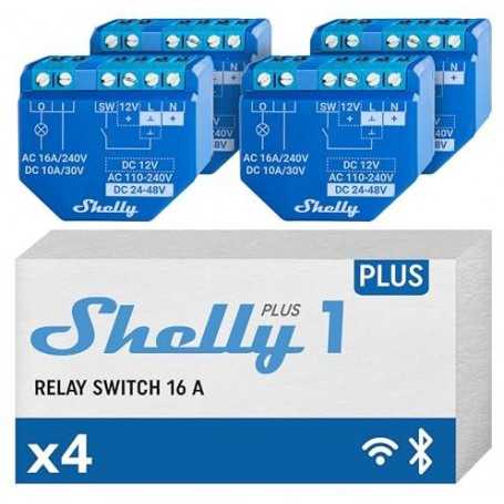 Shelly Plus 1 (4 pack-4 pezzi) - Smart Relay contatto pulito 16A AC/DC WiFi/BT