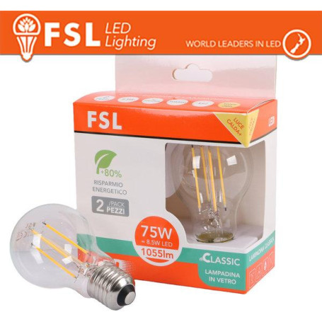 Lampada Filamento  A60  8.5W 3000K E27 - Confezione 2PACK
