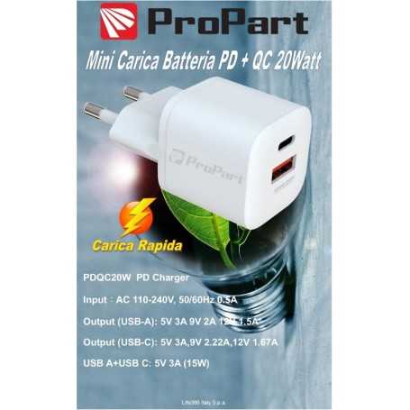 Carica Battere Rapido Mini PD + QC 20W 2 Out USB A - Type C