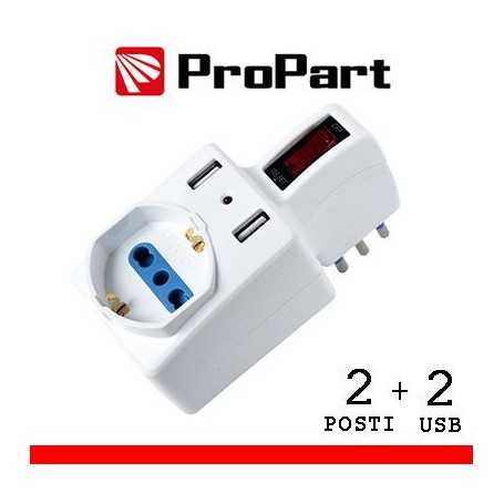 Adattatore 2pos bipasso/schuko +USB spina10A salvasp. + int.